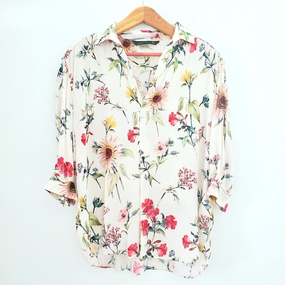 Zara Tops - Zara Woman Cream and Floral Button Up Blouse Top